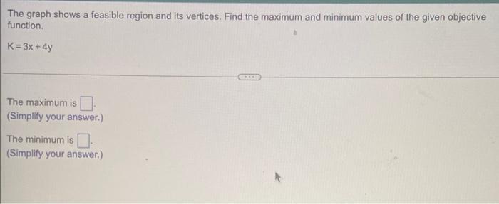 The graph shows a feasible region and its vertices. Find the maximum and minimum values of the given objective
function.
K = 