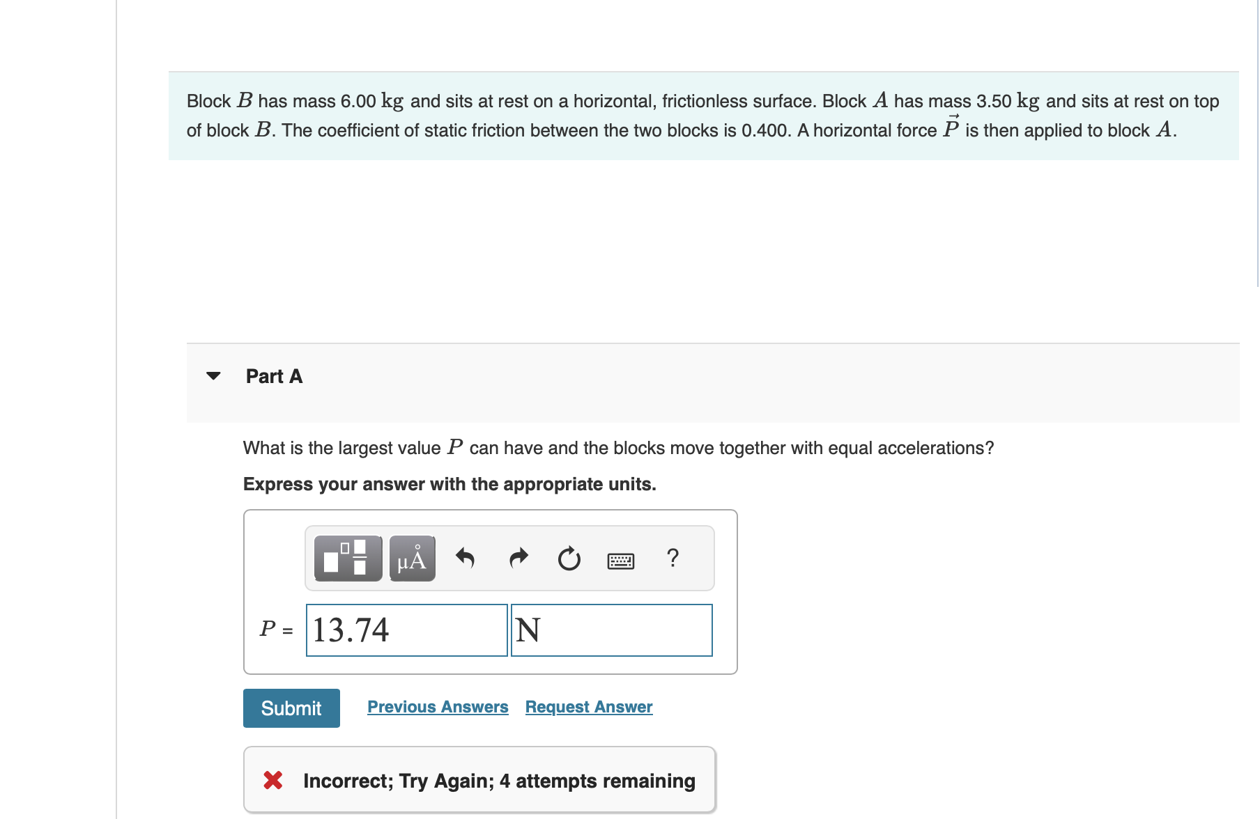 Solved Block B has mass 6.00 ﻿kg and sits at rest on a | Chegg.com