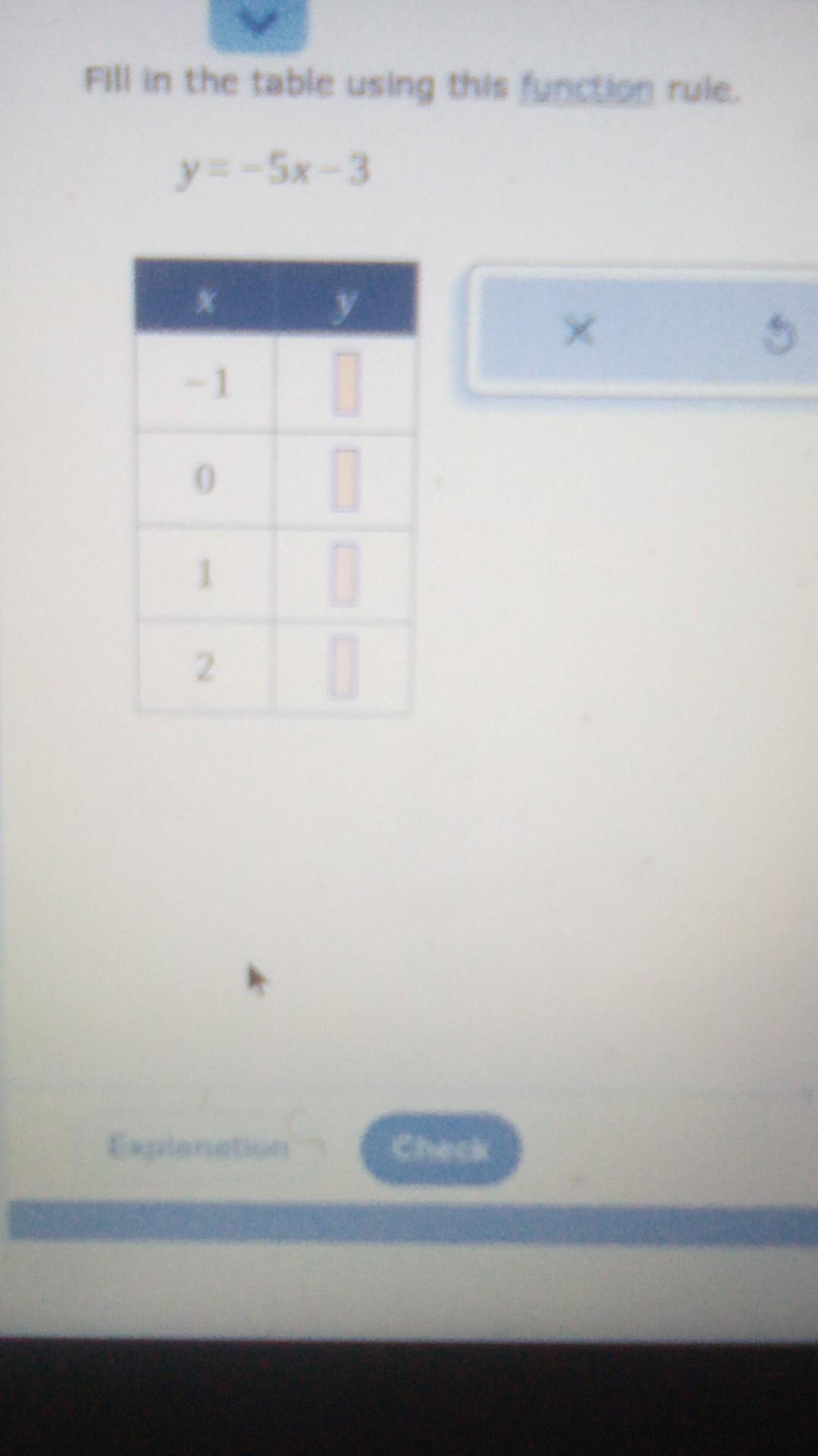 Solved FIl in the table using this function rule. y=−5x−3 | Chegg.com