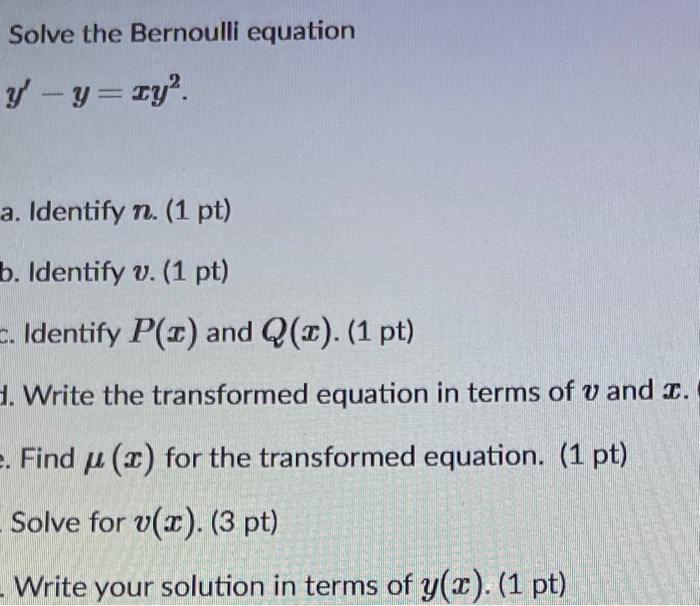 Solved Solve the Bernoulli equation y-y=ty? a. Identify n. | Chegg.com
