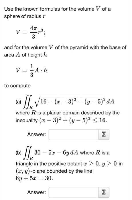 Use the known formulas for the volume V of a sphere | Chegg.com