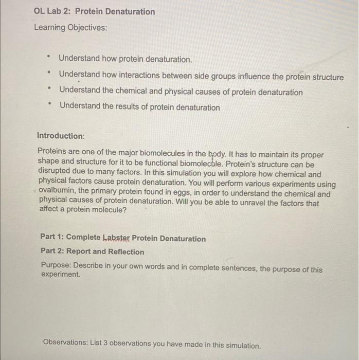 Solved OL Lab 2 Protein Denaturation Learning Objectives