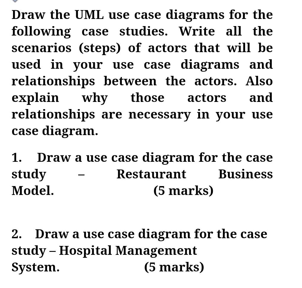 Solved Draw The Uml Use Case Diagrams For The Following Case Chegg Com