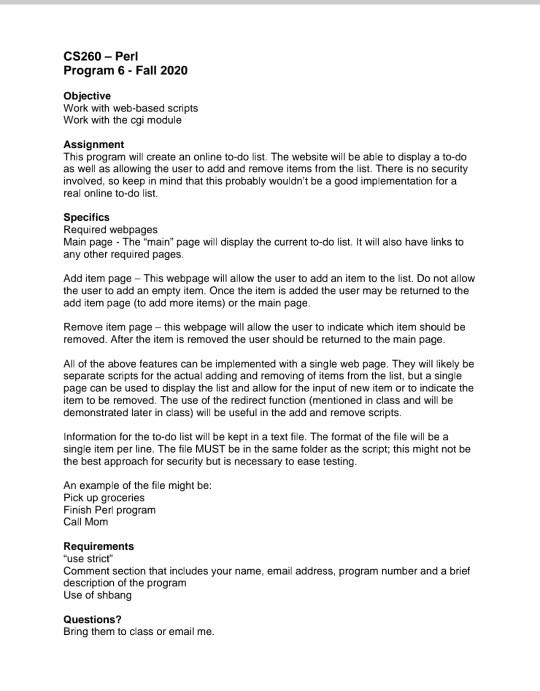CS260 - Peri Program 6 - Fall 2020 Objective Work | Chegg.com