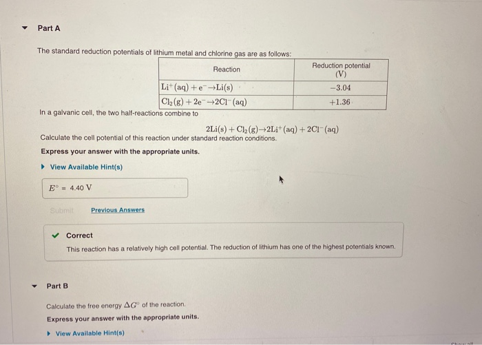 Solved Part A The standard reduction potentials of lithium