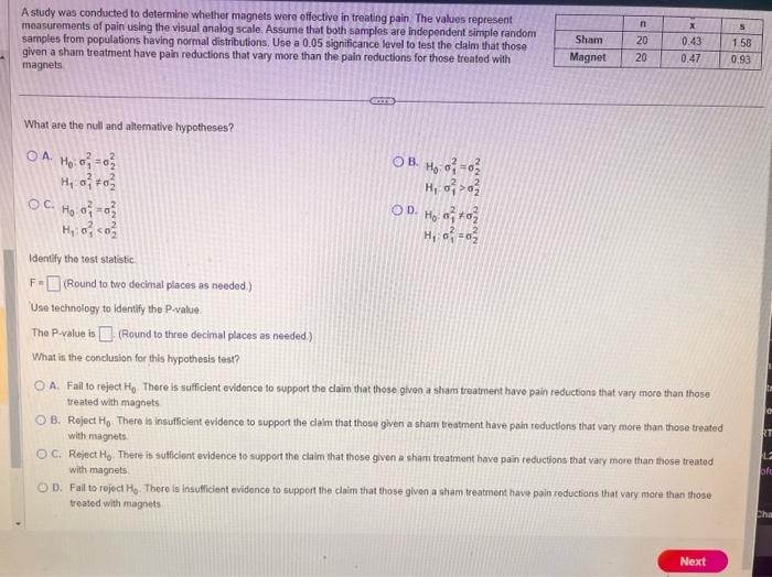 Solved A study was conducted to determine whether magnets | Chegg.com