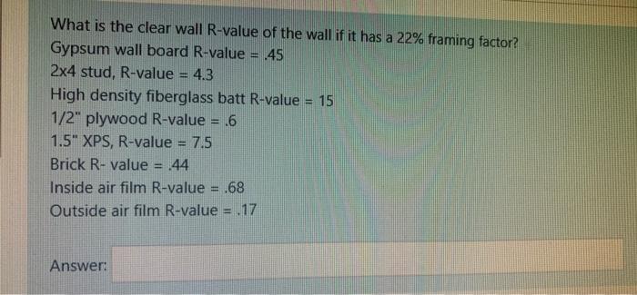 Solved What is the clear wall R-value of the wall if it has | Chegg.com