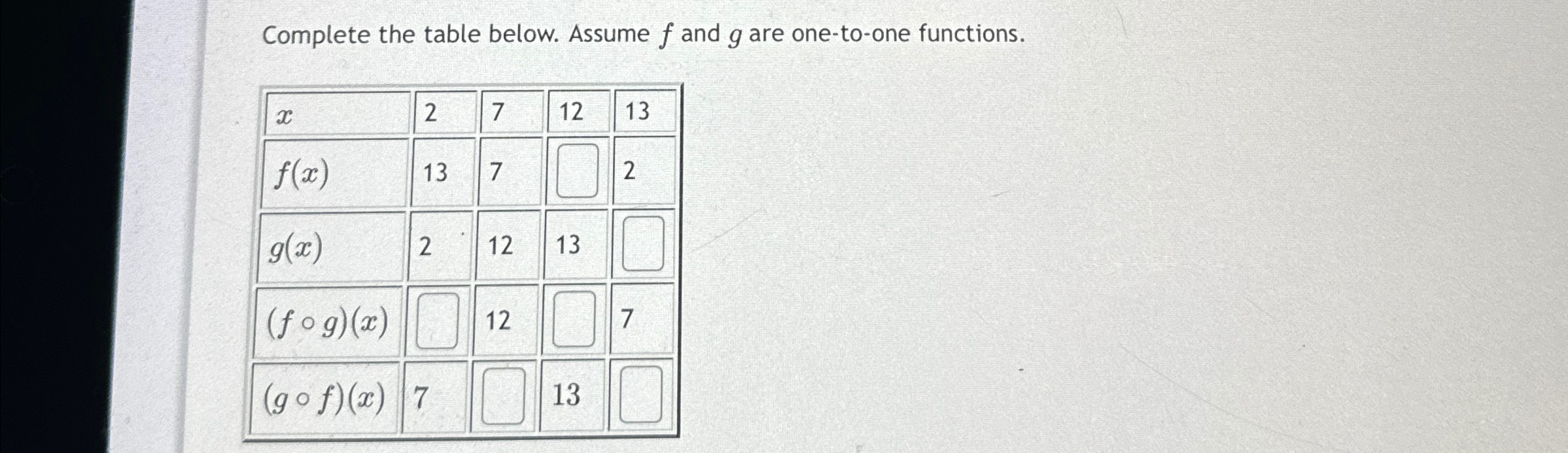 Solved Complete the table below. Assume f ﻿and g ﻿are | Chegg.com