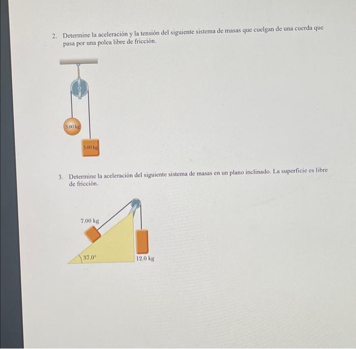 2. Determine la aceleración y la tensión del siguiente sistema de masas que cuelgan de una cuerda que pasa por una polea libr