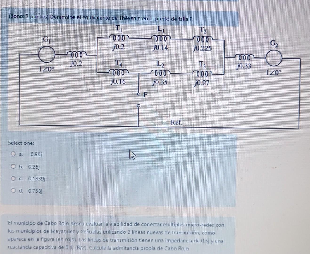 (Bono: 3 puntos) Determine el equivalente de Thévenin en el punto de falla \( F \). Select one: a. -0.59 j b. \( 0.26 j \) c