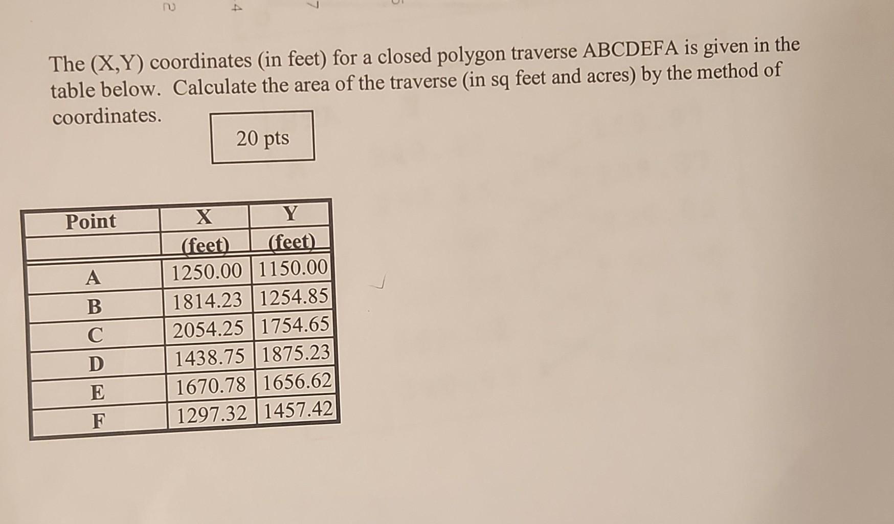 Solved The (X,Y) coordinates (in feet) for a closed polygon | Chegg.com