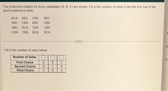 Solved The preference ballots for three candidates (A,B,C) | Chegg.com