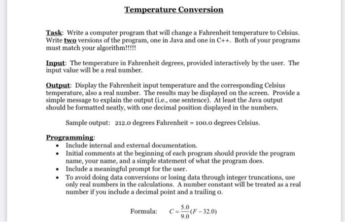 Solved Temperature Conversion Task: Write a computer program | Chegg.com