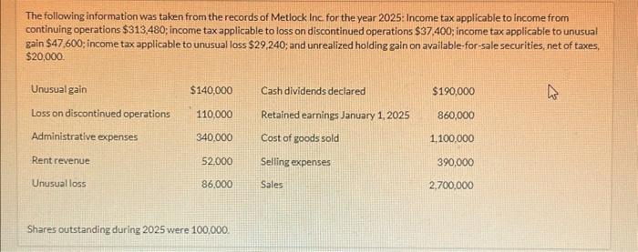 Solved Metlock Co. reports the following information for