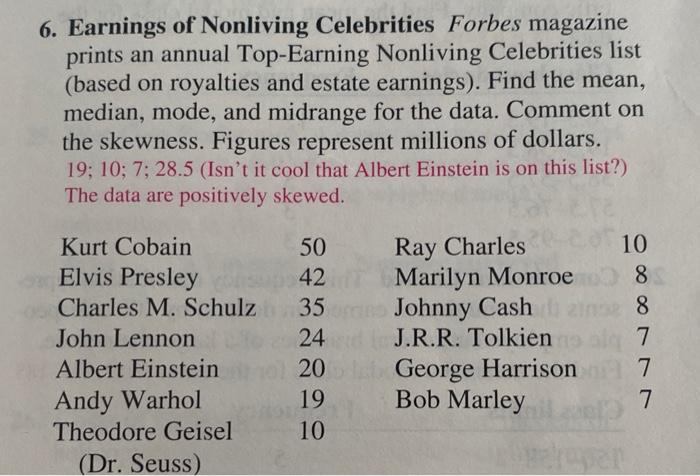 Solved 6. Earnings of Nonliving Celebrities Forbes magazine