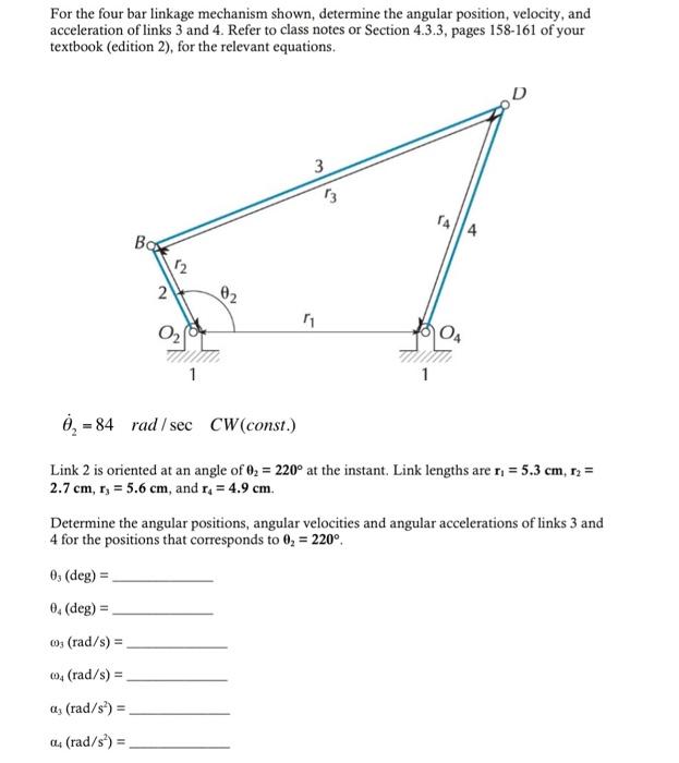 Solved For the four bar linkage mechanism shown, determine