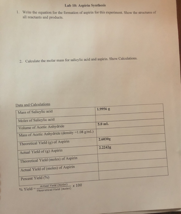 Solved Lab 10 Aspirin Synthesis 1 Write The Equation Fo Chegg Com