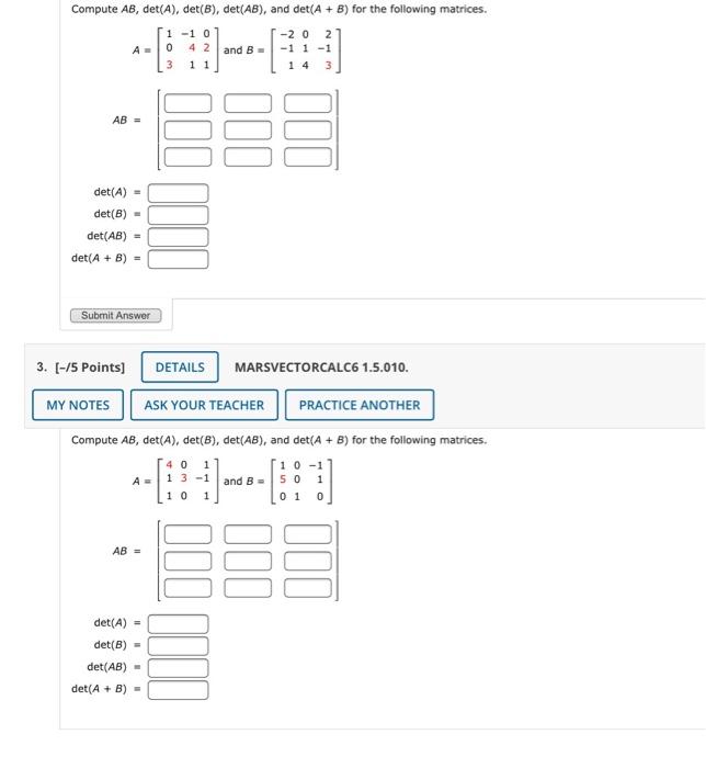 Solved Compute AB, Det(A), Det(B), Det(AB), And Det(A + B) | Chegg.com