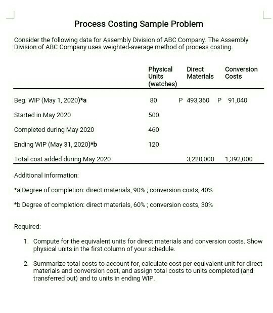 Solved Process Costing Sample Problem Consider the following | Chegg.com
