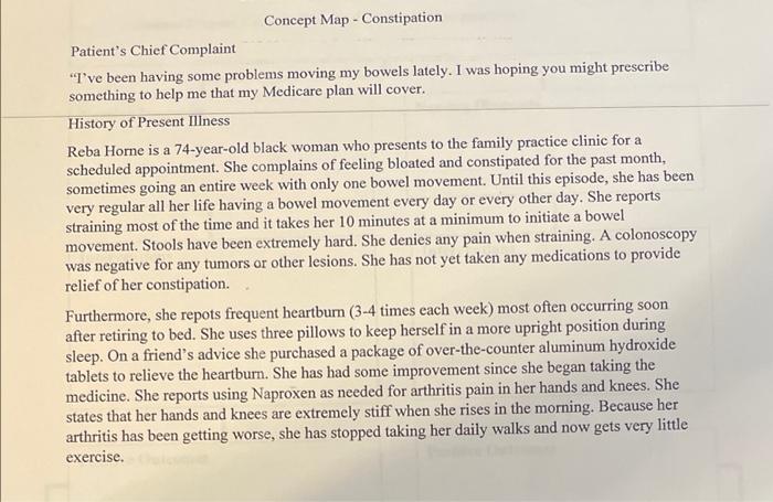 Concept Map - Constipation
Patients Chief Complaint
I ve been having some problems moving my bowels lately. I was hoping yo