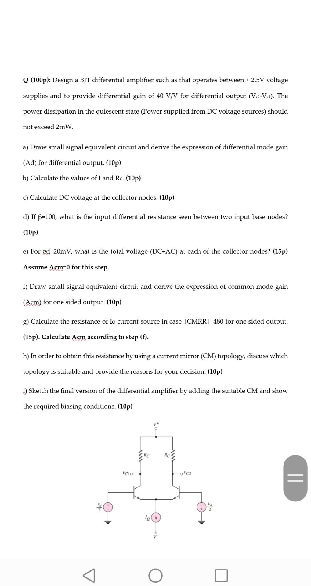 Solved Q(100p) : Design a BJT differential amplifier such as | Chegg.com