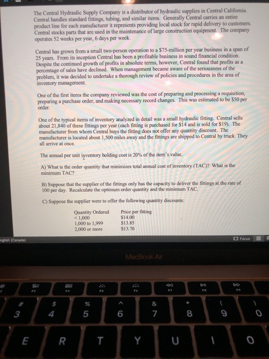 Solved The Central Hydraulic Supply Company is a distributor