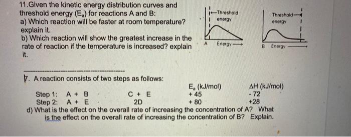 11.Given the kinetic energy distribution curves and threshold energy \( \left(E_{a}\right) \) for reactions \( A \) and \( B 