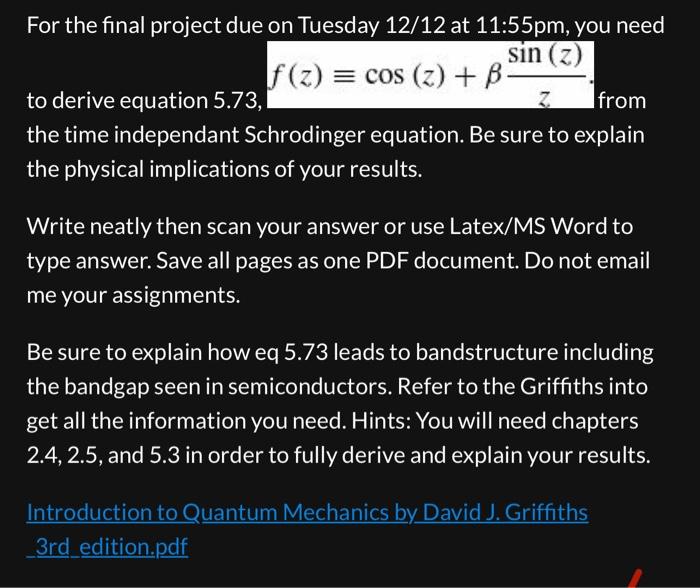 Solved For the final project due on Tuesday 12/12 at | Chegg.com