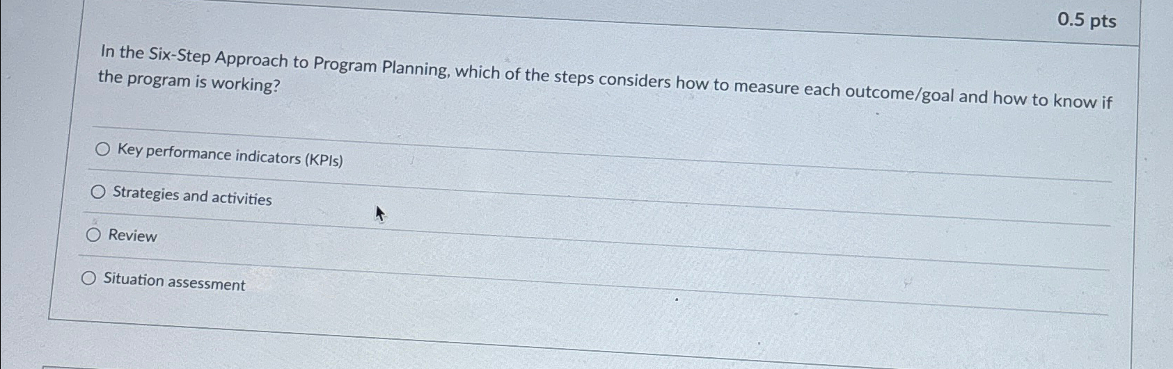 Solved 0.5 ﻿ptsIn the Six-Step Approach to Program Planning, | Chegg.com