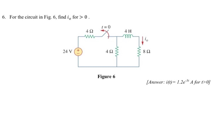 Solved 6. For the circuit in Fig. 6, find i, for > 0. ( = (0 | Chegg.com