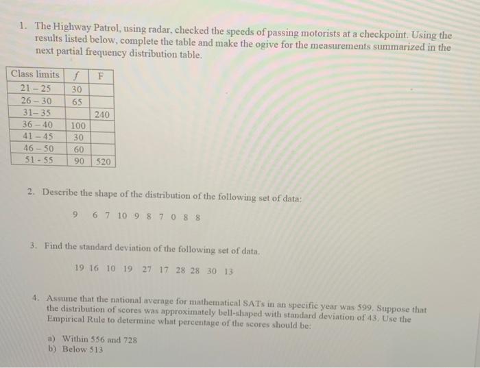 Solved 1. The Highway Patrol, using radar, checked the | Chegg.com