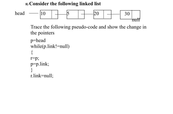 Solved 8) Consider the following linked list head 10 5 -20 6 | Chegg.com