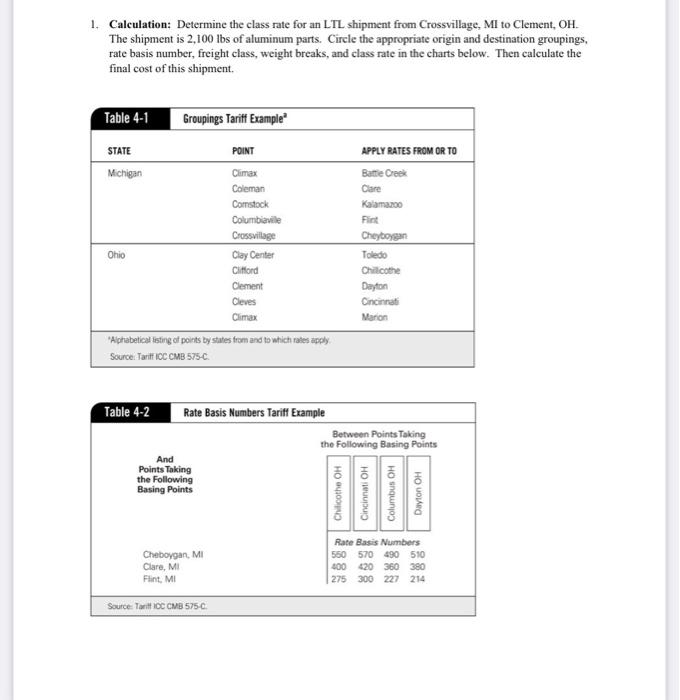 1. Calculation: Determine the class rate for an LTL | Chegg.com