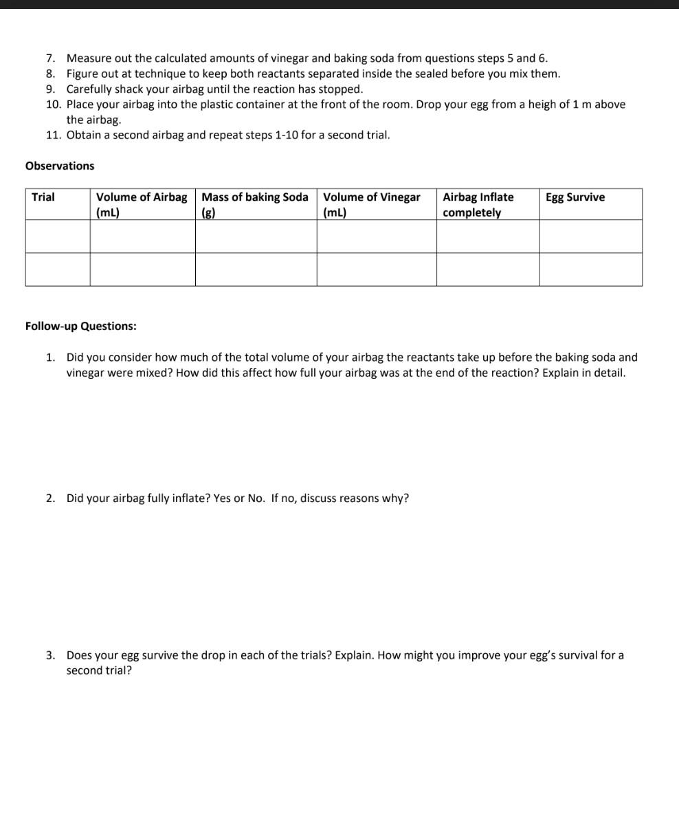 Solved Airbag Lab (gas stoichiometry) Lab objective: | Chegg.com