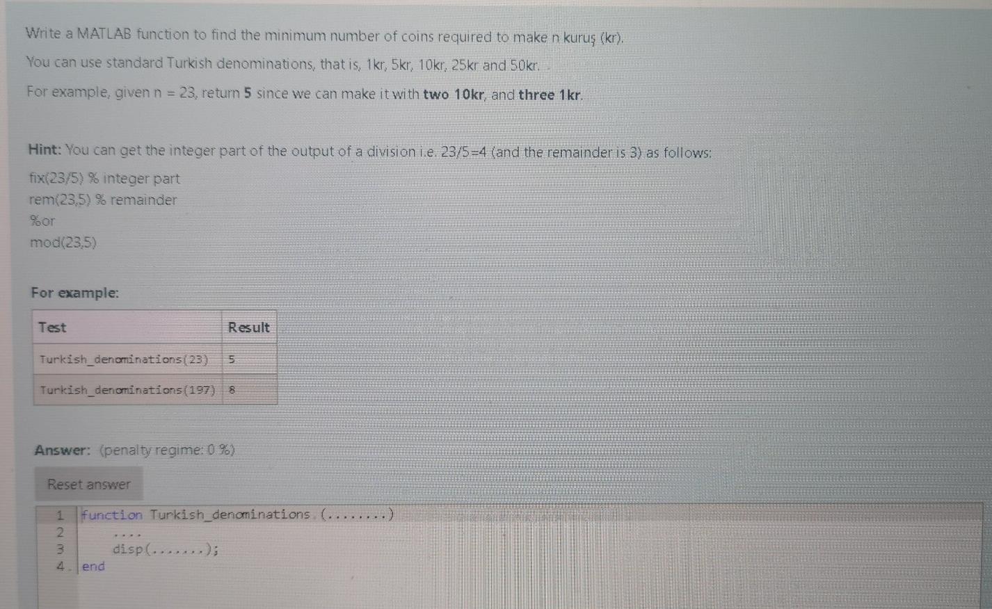 Solved Write a MATLAB function to find the minimum number of | Chegg.com