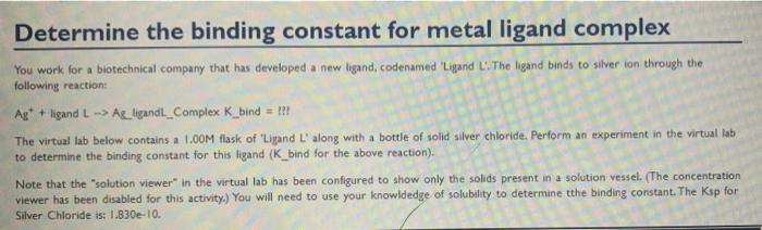 Solved Determine the binding constant for metal ligand | Chegg.com