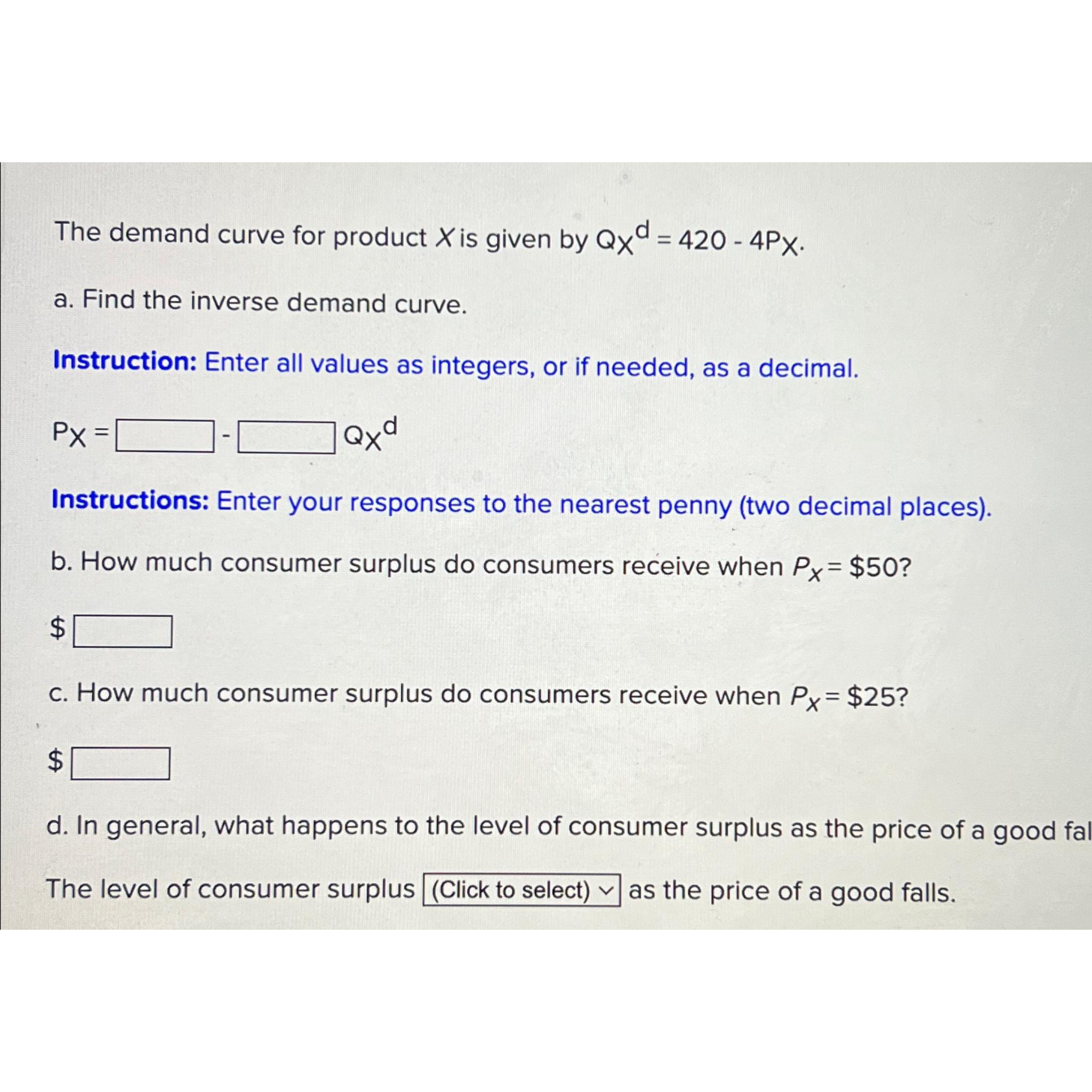 Solved The demand curve for product x ﻿is given by | Chegg.com