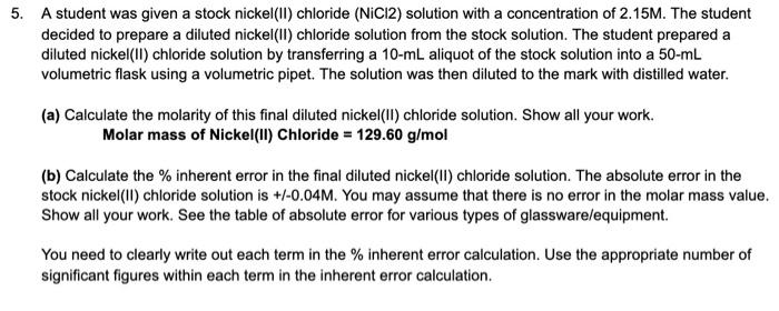Solved 5. A student was given a stock nickel(II) chloride | Chegg.com