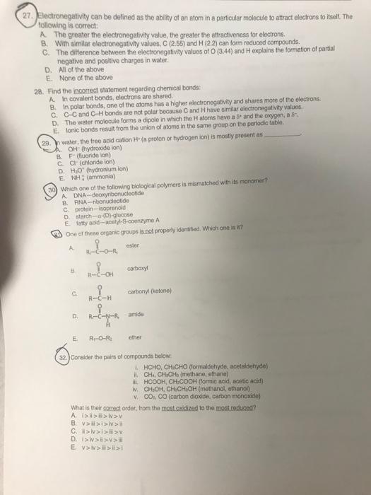 Solved 27. Electronegativity can be delined as the ability | Chegg.com