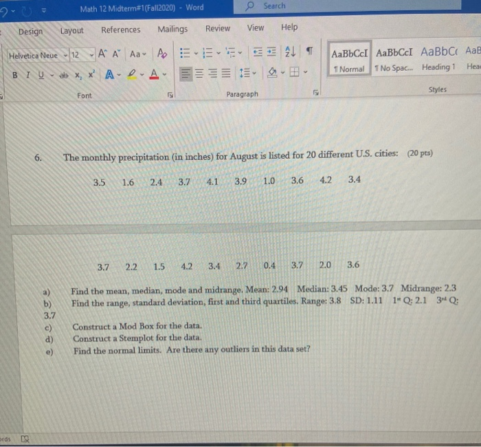 Solved how do I find the normal limits and outliers for this | Chegg.com