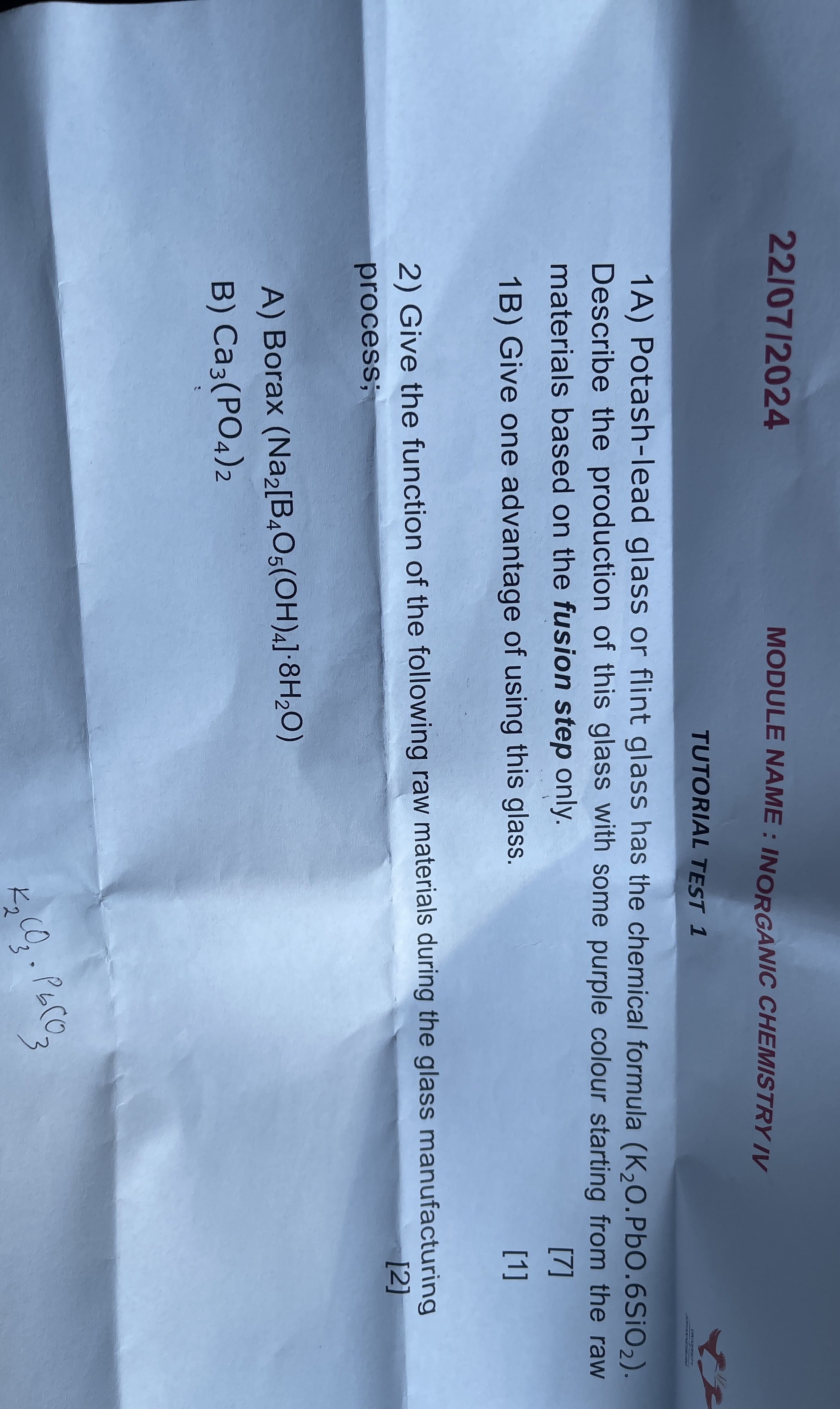 Solved 1A) ﻿Potashlead glass or flint glass has the