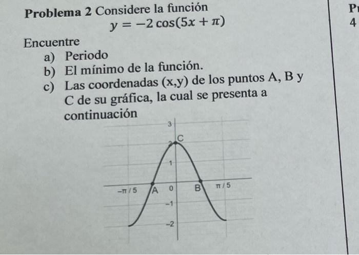 Problema 2 Considere la función \[ y=-2 \cos (5 x+\pi) \] Encuentre a) Periodo b) El mínimo de la función. c) Las coordenadas