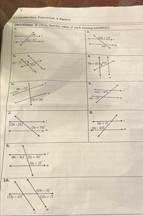 Solved 9. 3 Parallel Lines, Transversals, & Algebra | Chegg.com