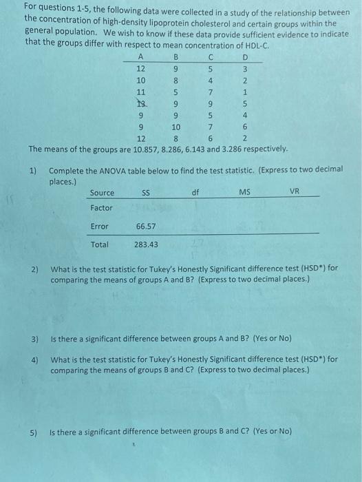 Solved B D For Questions 1-5, The Following Data Were | Chegg.com