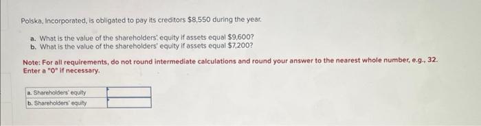 Polska, Incorporated, is obligated to pay its creditors \( \$ 8,550 \) during the year.
a. What is the value of the sharehold