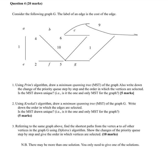 Solved Question 4 (20 marks) Consider the following graph G. | Chegg.com