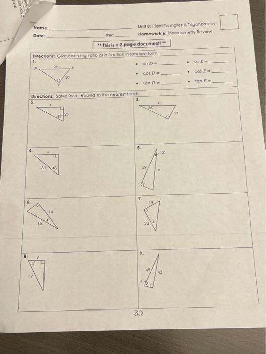 Solved clow Name Date Unit 8 Right Triangles & Trigonometry