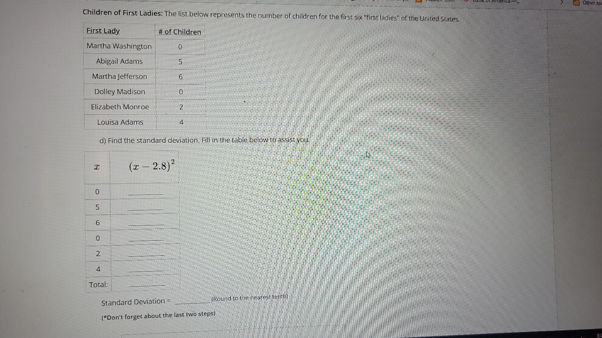 Solved d) Find the standard deviation. Fill in the table | Chegg.com