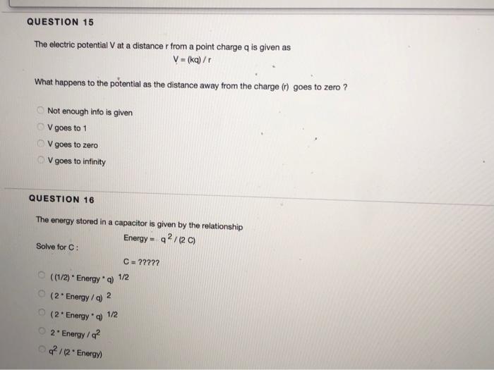 Solved QUESTION 15 The electric potential V at a distance r