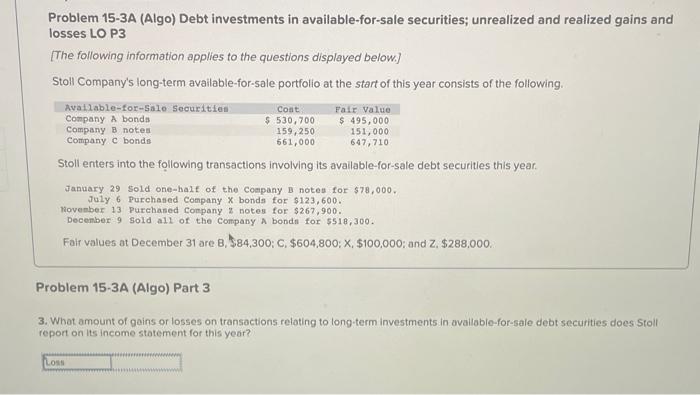 Solved Problem 15-3A (Algo) Debt investments in | Chegg.com